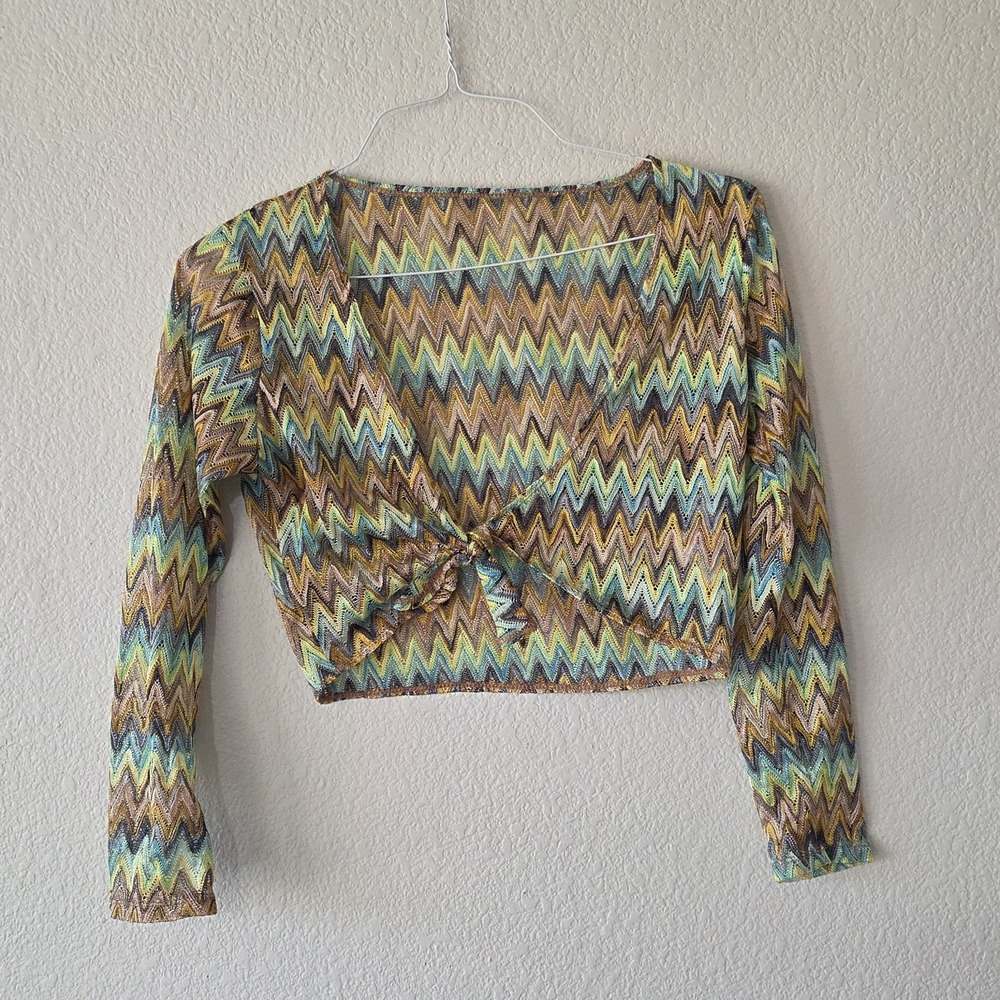Gorgeous Vintage Women's Multi-Color Hobo Sheer Cropped Shrug Size S Zigzag